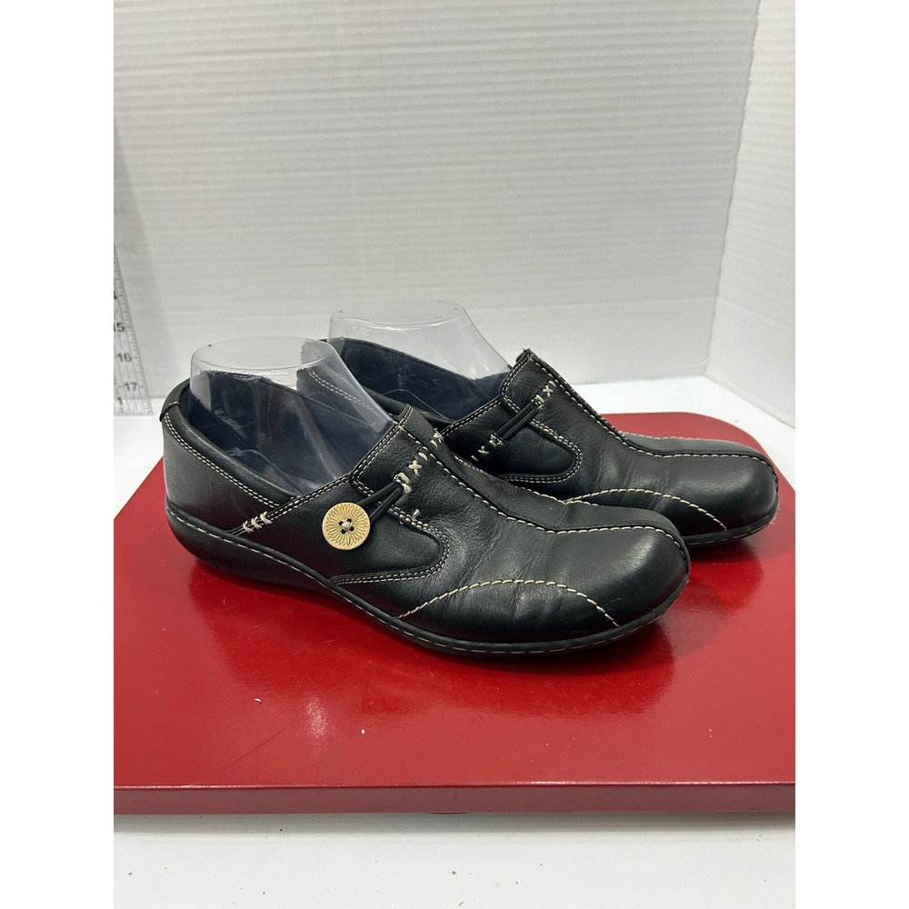 Clarks Bendables Loafers 9N Black Leather Button Contrast Stitch Narrow